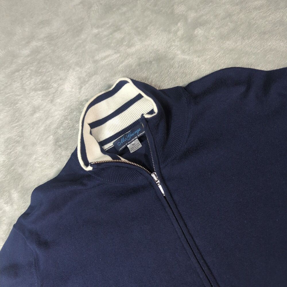 McGeorge Ballantyne Mens XL Sweater Jacket Full Zip Cotton Navy Striped Collar